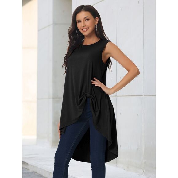 High Low Hem Tops Sleeveless Tunic Top Crewneck Dressy Casual Shirts Black - Picture 3 of 6